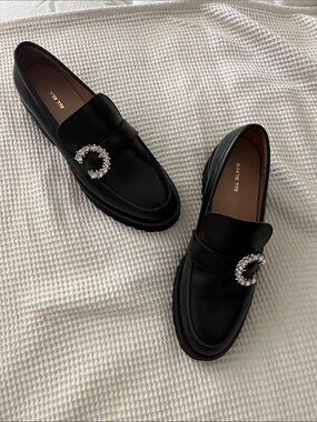 All Black Leather Loafers with Crystal Buckle